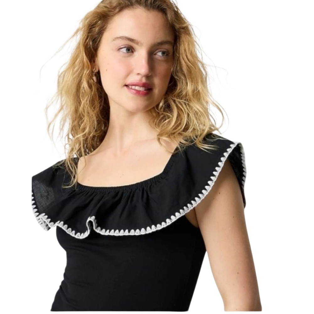 J.Crew Black Off The Shoulder Blouse Blanket Stitch Top Womens‎ Small